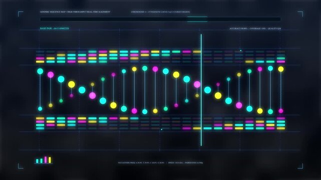 DNA helix animation showing genetic code sequence and data analysis on futuristic screen