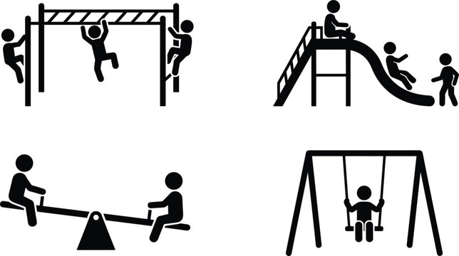 Kids playground park stick figure icon vector set showing children playing on slide swing seesaw monkey bars