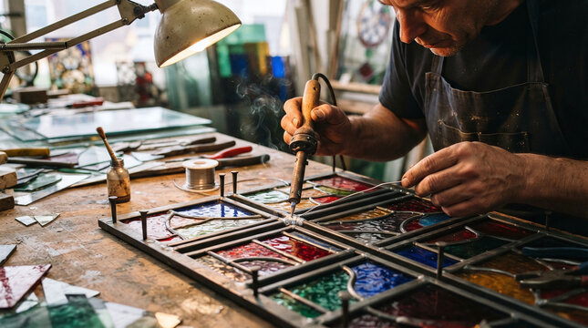 Stained glass artisan hands soldering lead came joints with iron workshop