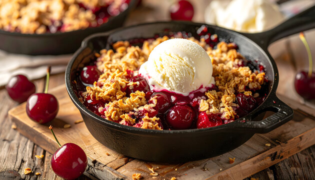 Close-up shot of single serving cherry crumble served hot in cast iron skillet for web banner.