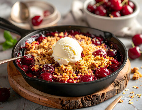 Close-up shot of single serving cherry crumble served hot in cast iron skillet for web banner.