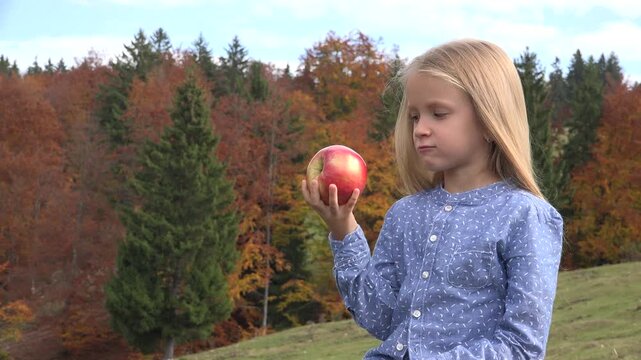 Child Eating Apple Fruit, Snack, Portrait Little Girl, Autumn View, Landscape