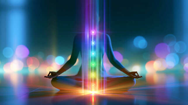 Peaceful spiritual scene representing meditation and chakra activation in bright even lighting, expanded consciousness concept, mystical inspiration, human chakra system