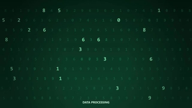 Digital data processing background with green glowing numbers, abstract cyber security information stream, high tech computer code visualization