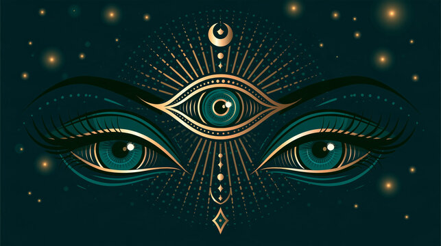 Mystical stylized eyes with a third eye symbol, spiritual esoteric design, with copy space