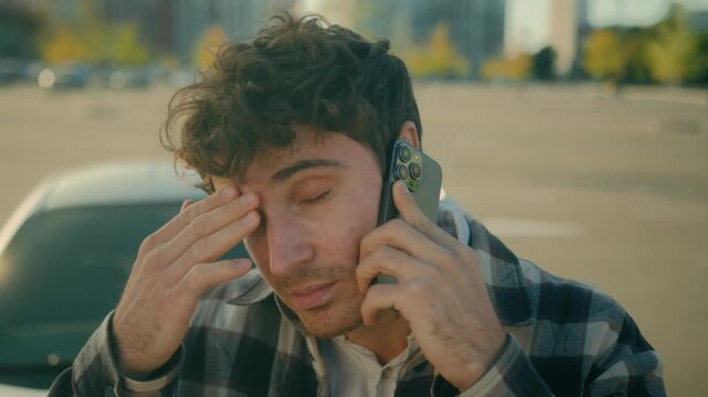 Close up upset worried Caucasian driver man talking on mobile phone in city sad stressed businessman discussing problem anxious male car owner calling on smartphone auto service conversation outdoors