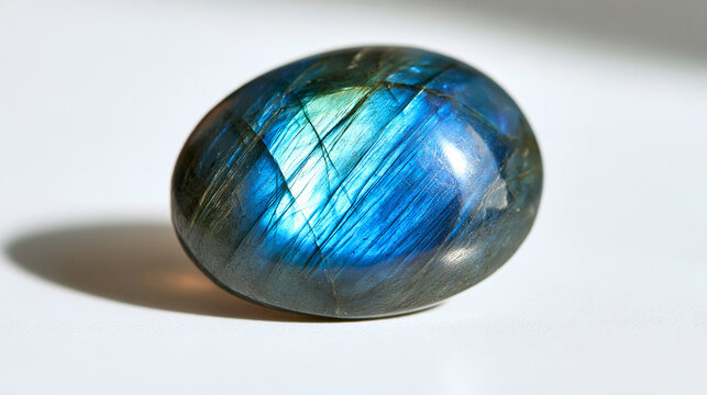 Polished labradorite gemstone showcasing distinctive iridescent blue and green sheen, set against a clean white background, crystal healing stone, with copy space