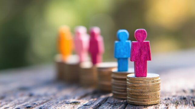 Figures stand on coins representing financial growth and investment concepts