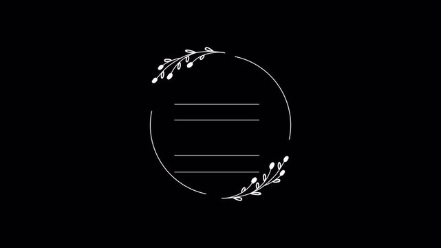 Minimalist circular floral frame animation with text placeholder lines.