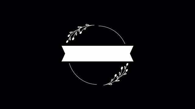 Minimalist circular floral wreath logo animation with ribbon placeholder on black background.