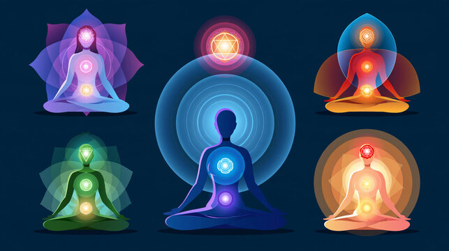 Human chakra energy body aura healing spiritual flat vector set, wellness design collection, with copy space