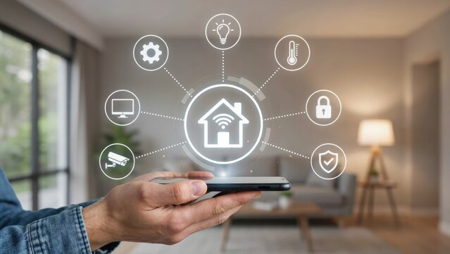 A person holds a smartphone displaying smart home automation icons in a modern house. Conceptual technology theme for efficient connected living.