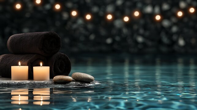 Dark spa towels on stone in a pool