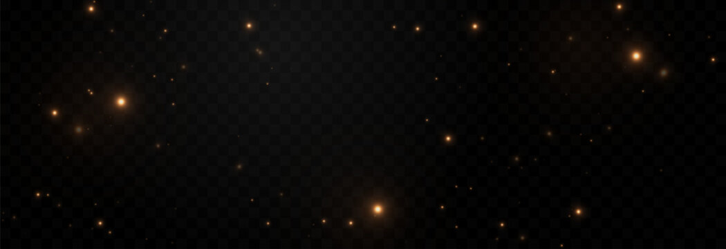 Golden glowing magic dust on a transparent background. Flying light particles PNG. Glowing dust PNG.