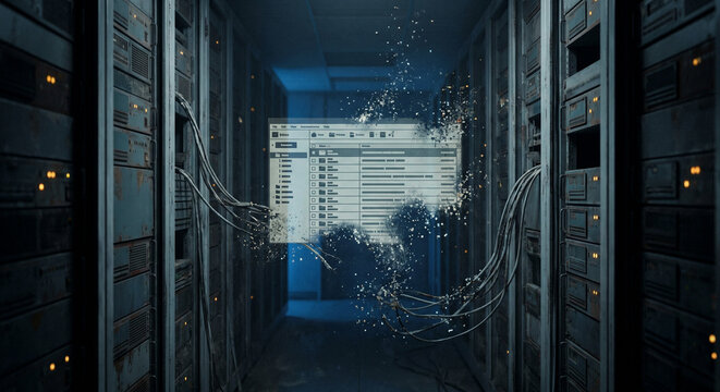 Legacy email interface in a server tunnel with shutdown lights, detached cables, and pixel fragments, showing system retirement and software obsolescence.