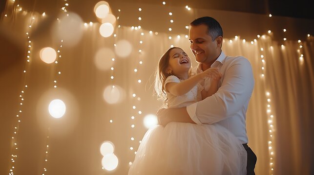 Father and daughter dancing joyfully in a warm, lit room