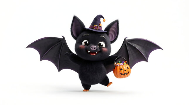 Cute cartoon bat wearing a witch hat and holding a pumpkin bucket