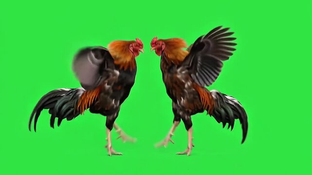 Roosters jumping and fighting against a chroma key green background
