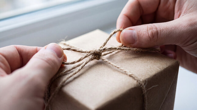 Hands tying jute twine around a small kraft paper parcel, for eco friendly gifting, handmade packaging, and careful presentation.