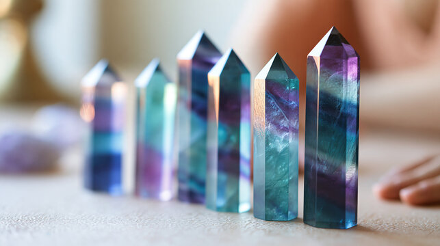 Set of rainbow fluorite crystal points, spiritual healing stone collection, with copy space