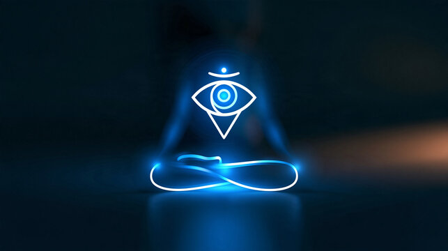 Minimalist meditation symbol with a third eye chakra, spiritual zen icon for mindfulness and inner peace design, with copy space