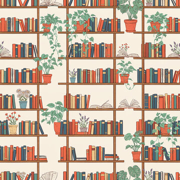 Colorful bookshelves filled with diverse books and small plants