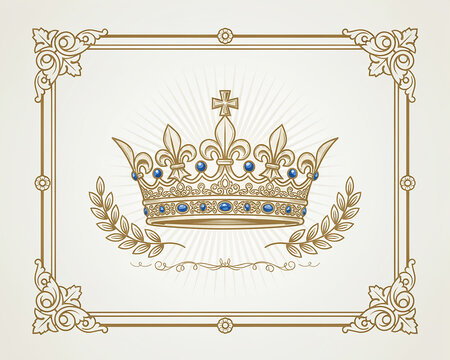 Golden royal crown with cross and laurel wreath illustration