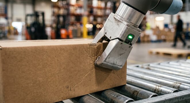 Robotic Arm Handling Cardboard Box in Industrial Warehouse