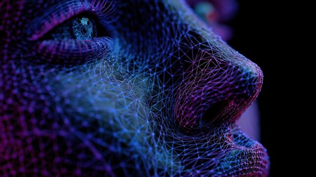 Closeup of woman's face with full-face biometric mesh and iris recognition scan. Concept of digital identity verification, facial authentication, AI security and modern surveillance technology