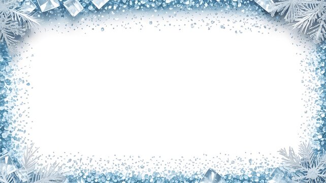 Decorative winter holiday border featuring frosty blue pine needles and scattered ice cubes on white background
