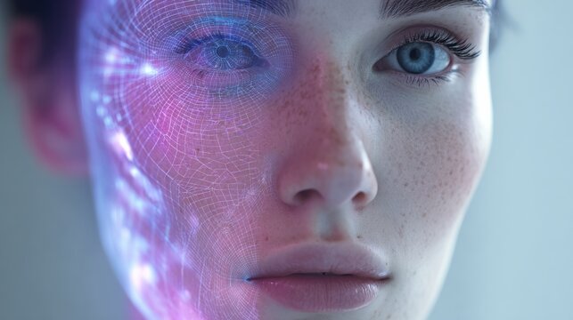 Woman's face split in digital half with transparent neon purple mesh and human half, concept of cybersecurity,  biometric, and AI-created deepfake identities