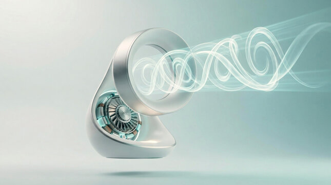 Bladeless air circulator with laminar airflow, toroidal opening, translucent ribbons, and polished ceramic surfaces.