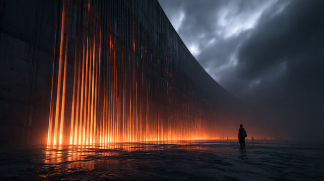 Monumental Futuristic Wall with Glowing Orange Light and Silhouette