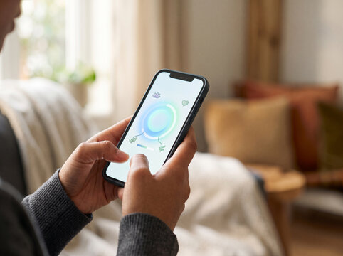 Close-up of a person holding a smartphone showing a wellness app with meditation and health tracking icons while sitting on a cozy sofa at home