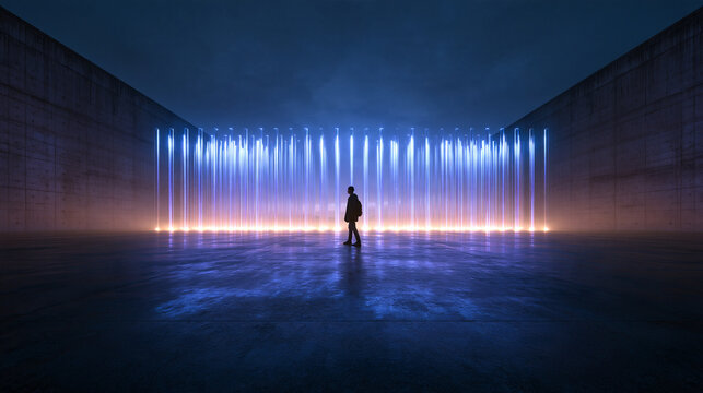 Person Standing Before Glowing Futuristic Light Installation