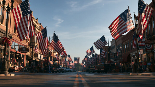 American Flags Lining Main Street in Small Historic Town