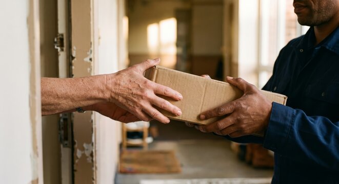 Hands Exchanging Package at Doorstep in Natural Lighting