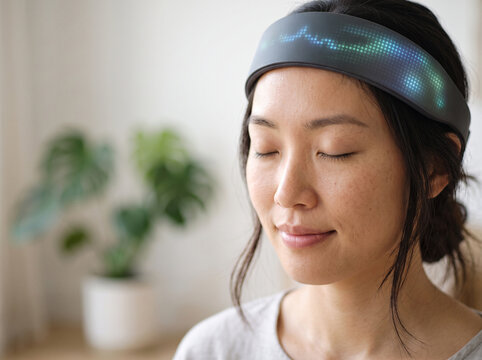 Asian woman meditating with a smart headband with glowing LED lights for mindfulness and wellness technology concept