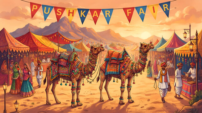 Camels and festive bunting create a lively atmosphere at the famous Pushkar Fair in Rajasthan