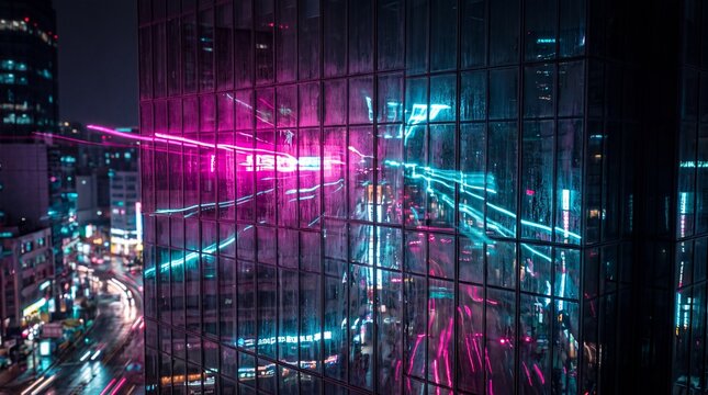 Neon City Lights Reflected in Modern Glass Skyscraper at Night