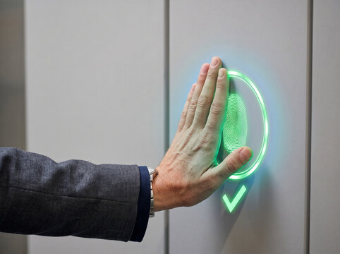 Business man scanning handprint on futuristic biometric security scanner door access control system in modern office building corridor