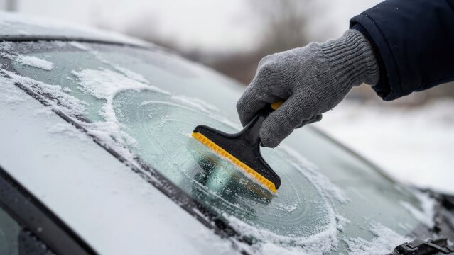 A gloved hand scraping ice and snow from a car windshield during winter. Perfect for seasonal driving safety and automotive maintenance advertising.