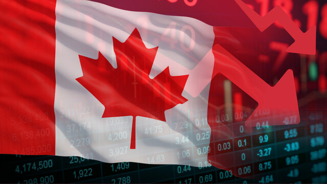 Canada's market downturn business growth reduction and national economic infrastructure financial institute investment, descending red arrows and market losses, a superimposed Canadian national flag