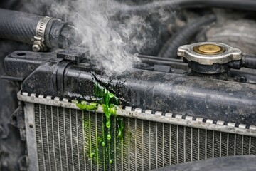 Obraz premium A close-up shot of a radiator with green liquid flowing out, useful for illustrating maintenance or repair scenes
