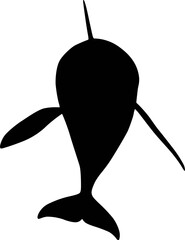 Black silhouette of a narwhal whale with tusk top view isolated on a white background. © muthu