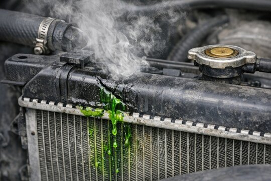 A close-up shot of a radiator with green liquid flowing out, useful for illustrating maintenance or repair scenes