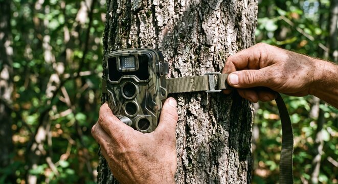 Hands securing camouflage trail camera to tree in forest
