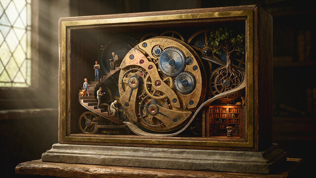 Antique mechanical clock movement inside a glass display case illuminated by natural window light