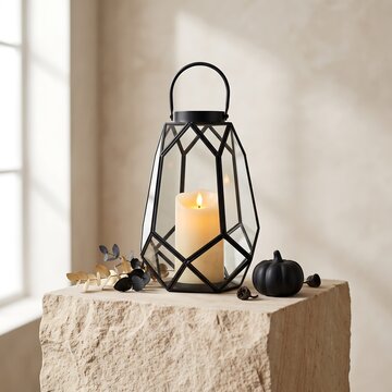 A black metal lantern with a white candle on a stone pedestal surrounded by fall decorations