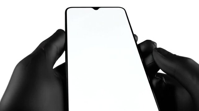 Hand in black glove holding mobile phone against white backdrop with empty screen for app mockup